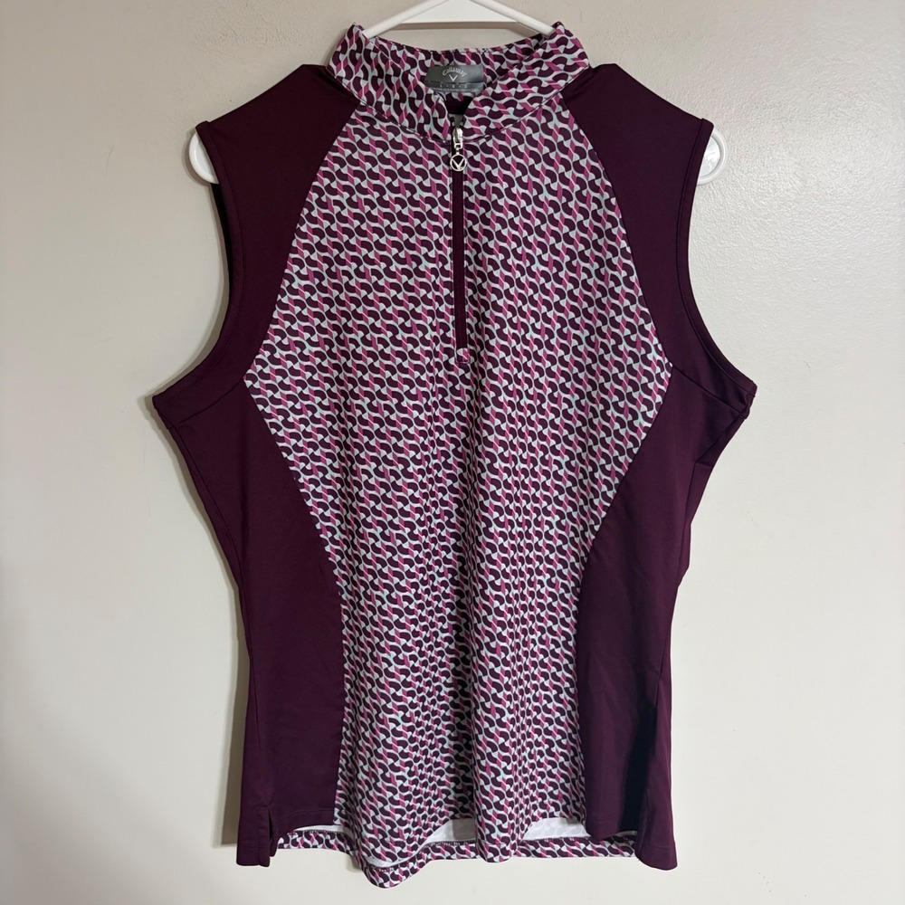 Callaway Womens Sleeveless Golf Polo Top Plum Geometric Quarter Zip Size Large - Picture 1 of 8